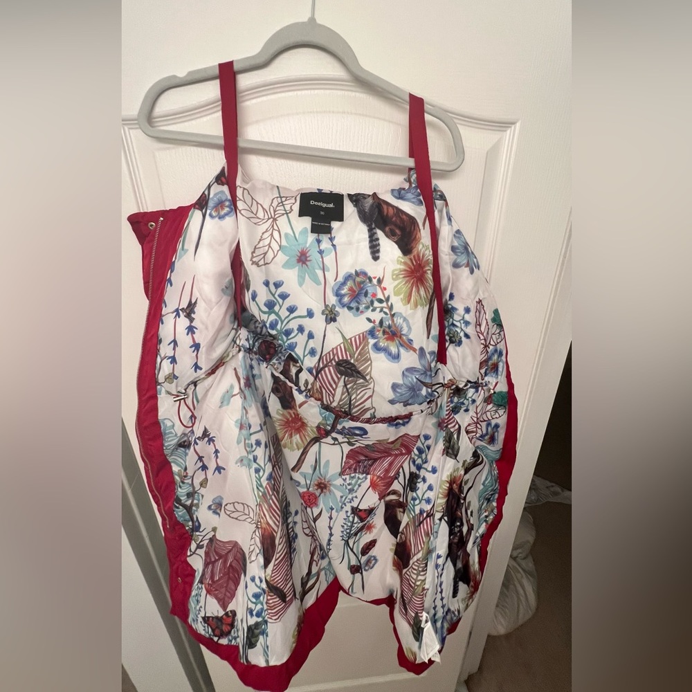 Desigual Red Patterned Puffy Winter Jacket Size S - image 4